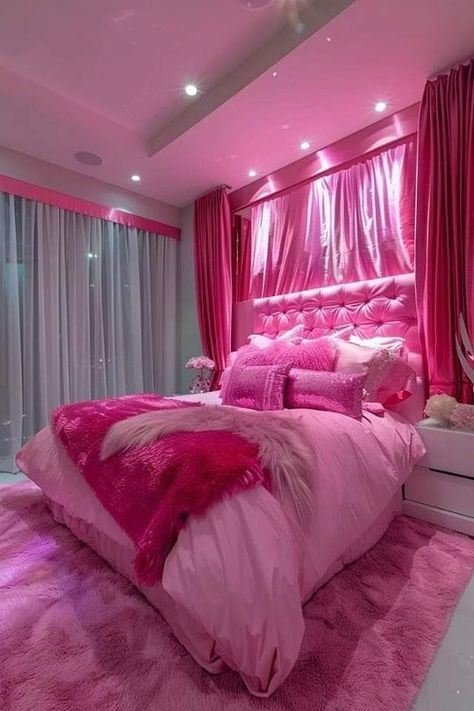 Hot Pink Bedroom, Mcbling Room, Hot Pink Room, Hot Pink Bedrooms, Beautiful Dorm Room, Pink Bedroom Walls, Barbie Bedroom, Women Bedroom, Gold Bedroom Decor