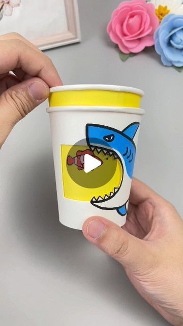 Paper Shark Craft, Easy Shark Craft, Shark Art Kindergarten, Shark Suncatcher Craft, Shark Origami, Shark Diy, Shark Art Activity, English Activity, Paper Cup Crafts