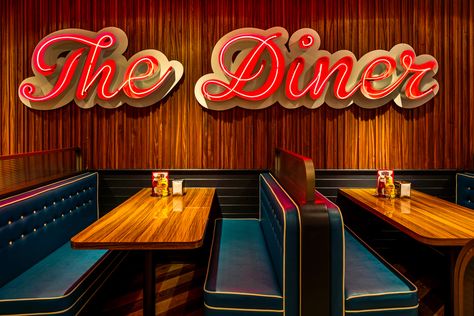 1960s Restaurant Interior, 60s Diner, Modern Diner, Diner Aesthetic, American Cafe, Diner Sign, Diner Restaurant, London Restaurant, Diner Decor