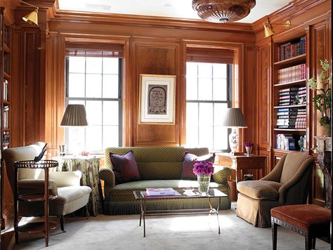 Wood Paneled Walls Farmhouse Den, Ferguson Shamamian, Paneled Room, Sears House, Hill Resort, Paneled Library, Library Study, Wood Room, Home Libraries