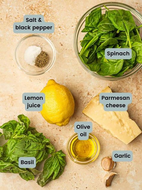 Garlic Basil Pesto Recipe, Pesto Recipe With Spinach, Spinach And Basil Pesto, Basil Spinach Pesto, Pesto With No Nuts Recipe, Pesto Recipe No Nuts Easy, Pesto For Pasta, Pine Nut Free Pesto, Spinach Basil Pesto Pasta