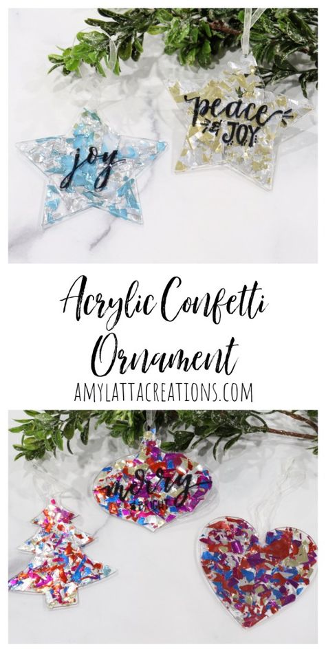 Acrylic Confetti Ornament Decorating Acrylic Ornaments, How To Paint On Acrylic Ornaments, Homemade Acrylic Ornaments, Acrylic Ornaments Diy Kids, Acrylic Christmas Ornaments Diy, Acrylic Disc Ornaments Diy, Acrylic Disk Ornament, Acrylic Blank Ornament Ideas, Clear Acrylic Ornaments Diy