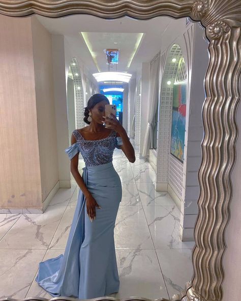 Gorgeous blue dress with beaded bodice. Blue dust of beauty 🥰🥰 Wedding Maid Of Honor Dresses Blue, Nigerian Maid Of Honour Dresses, African Maid Of Honour Dresses, Maid Of Honor Dress Blue, Chief Bridesmaid Dresses Nigerian, Gold Maid Of Honor Dress, Matron Of Honor Dresses, Maid Of Honour Dress, Bridesmaids Styles