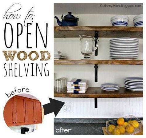 how to install open wood shelving Remove Kitchen Cabinets, Open Shelving In The Kitchen, Diy Shelving, Wooden Shelving, Kitchen Industrial, Refrigerator Wall, Wood Shelving, Wood Crafting, Diy Kitchen Renovation