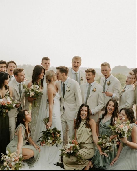 Suits For Green Wedding, Beige Tux With Sage Green, Tan Suit Groomsmen Green Bridesmaid, Beige And Sage Groomsmen Suits, Sage Green Bridesmaid Dresses With Tan Suits, Sage Color Bridesmaid Dresses, Olive Green Wedding Entourage, Tan Suits With Sage Green, Bridal Party Photos Sage Green