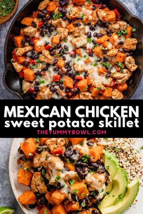 Sheet Pan Moroccan Chicken With Sweet Potatoes & Cauliflower, Supper With Sweet Potato, Roasted Sweet Potato Dinner, Chicken Chili With Sweet Potatoes, Sweet Potato Meal Prep Ideas, Sweet Potato Food Prep, Sweet Potato Chicken Tacos, Chili Lime Sweet Potato And Chicken Skillet, Chicken Bowls Sweet Potato