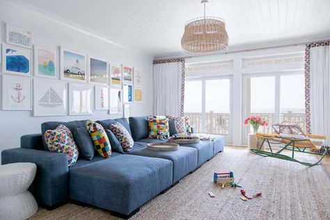 Luminous coastal-chic home offers a relaxed vibe in Beach Haven Hangout Room, Coastal Living Rooms, Bonus Rooms, Coastal Chic, Family Room Design, Suspension Light, Modular Sectional, Suspension Lamp, The Design Files