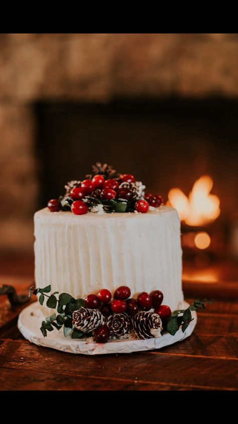 Small Wedding Cakes Christmas, Rustic Christmas Wedding Cake, Small Christmas Wedding Cakes, Simple Christmas Wedding Cake, Christmas Wedding Cupcakes, Christmas Wedding Food, Winter Rustic Wedding, Rustic Christmas Wedding, Wedding Cakes One Tier