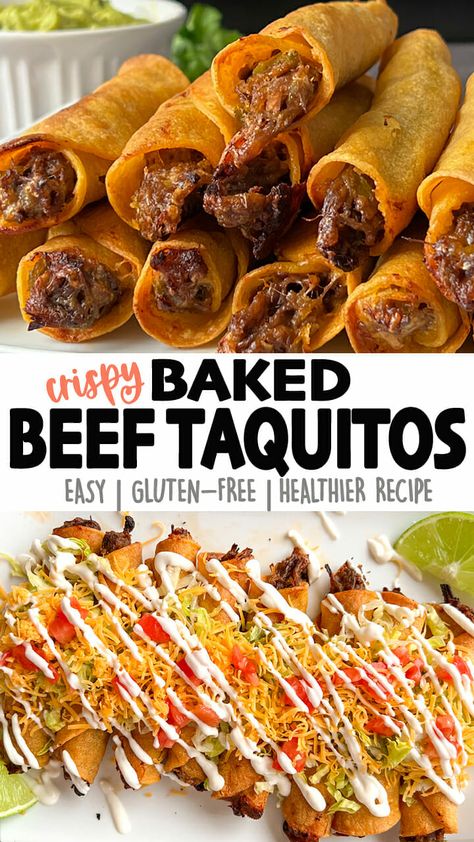 Cheesy Shredded Beef Taquitos that are baked, not fried! This baking method makes cooking a big batch of taquitos a breeze, and less clean-up! They are also healthier, not greasy, and you still get that crunchy CRISPY outer shell! Click for the full detailed recipe and video! #taquitos #beef #mexicanfoodrecipes #easyrecipe #glutenfreerecipes #easydinner Shredded Beef Taquitos, Beef Taquitos, Shredded Beef Recipes, Taquitos Beef, Taquitos Recipe, Authentic Mexican Recipes, Shredded Beef, Mexican Food Recipes Easy, Beef Dinner