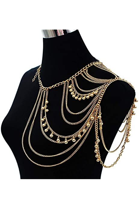 Chrontier Punk Harness Bikini Shoulder Body Link Epaulet Chain Necklace Collar with Dangling Tassel (Gold) : Amazon.ca: Clothing, Shoes & Accessories Jóias Body Chains, Shoulder Jewelry, Gold Body Chain, Shoulder Necklace, Women's Uniforms, Body Chains, Gold Bodies, Multi Layer Necklace, Shoulder Chain