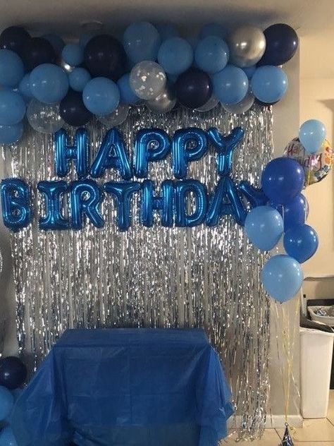 Light Blue Birthday Party Ideas, Simple Blue Birthday Decorations, Blue Party Ideas Decoration, Simple Boy Birthday Decorations, Birthday Decoration Ideas Blue, Quick Birthday Decorations, Blue Decorations Party Birthday Ideas, Blue And Silver Party Decorations, 18th Birthday Decorations For Boys