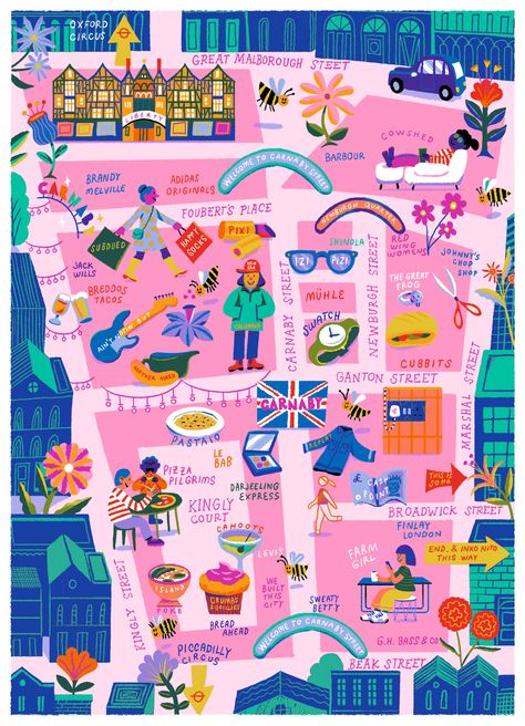 Carnaby map on Behance Festival Map Illustration, Creative Map Design Illustration, Map Illust, Maps Illustration Design, Festival Map, City Maps Illustration, Map Projects, Map Illustration, Art Carte