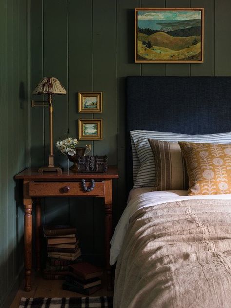 Rustic Cabin Home Bedroom Olive Green Bedrooms, Best Bedroom Colors, Green Walls, Bar Sink, Brass Faucet, Style Deco, Green Rooms, Bedroom Green, Bedroom Paint