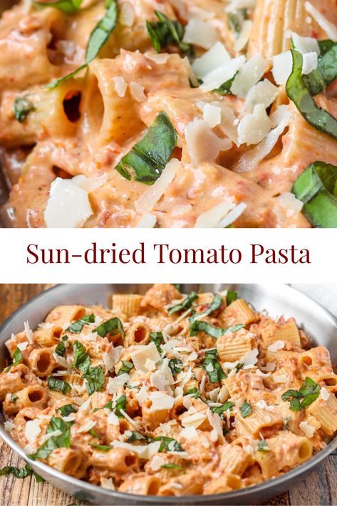 An easy creamy pasta dish with sun-dried tomatoes. A sauce with blended sun-dried tomatoes, basil, and a hint of lemon. So filling you won't even want to add any chicken! Perfect meatless meal night, and the leftovers are just as good! Dried Tomato Pasta, Sun Dried Tomato Pasta, Sundried Tomato Pasta, Creamy Tomato Pasta, Sun Dried Tomato Sauce, Meatless Meal, Creamy Pasta Recipes, Cream Pasta, Filling Dinner