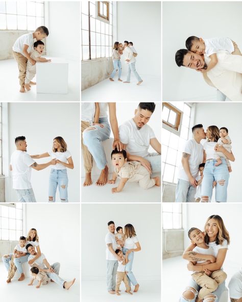 Studio Family Photos White Background, Studio Session Family Photos, White And Denim Family Pictures Studio, Family Jean Photo Shoot, Mommy And Me Photo Shoot White Shirt And Jeans, White Tshirt And Jeans Outfit Family Pictures, Family Pictures Studio Portraits, White Backdrop Studio Family Photoshoot, Simple Family Studio Photoshoot