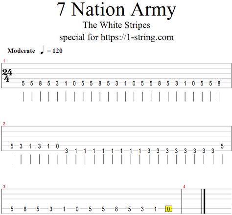 The White Stripes - Seven Nation Army on a Single Guitar String + Tabs Seven Nation Army Bass Chords, 7 Nation Army Ukulele, Simple Guitar Tabs Songs, Guitar Tab Beginner, Seven Nation Army Guitar Chords, How To Play Seven Nation Army On Guitar, Gutair Tabs Songs, Song Tabs Guitar, Beginner Guitar Tabs Songs