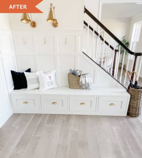 Mudroom With Stairs, Hallway Bench Ideas, Entryway Ideas With Stairs, Ikea Bench, Small Mudroom, Wall Bench, Hall Ideas, Mudroom Entryway, Staircase Storage