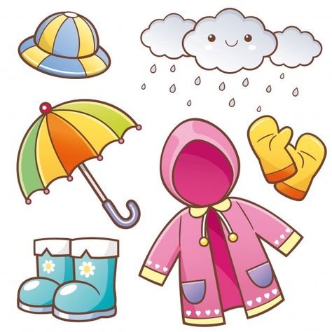 Rain clothes | Premium Vector #Freepik #vector #cartoon #art #graphic #clothes Rainy Season Clothes, Rainy Day Clothes, Rain Clothes, Clothes Clipart, Weather Activities Preschool, Weather Activities For Kids, Dress Clipart, Day Clothes, English Activities For Kids