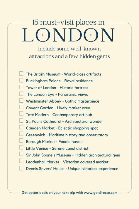 Check this checklist with the to-do-things you have to know in London London To Do List, London Must Do, Things To Do In London England, London Checklist, Traveling England, England Bucket List, Uk Bucket List, What To Do In London, London England Travel