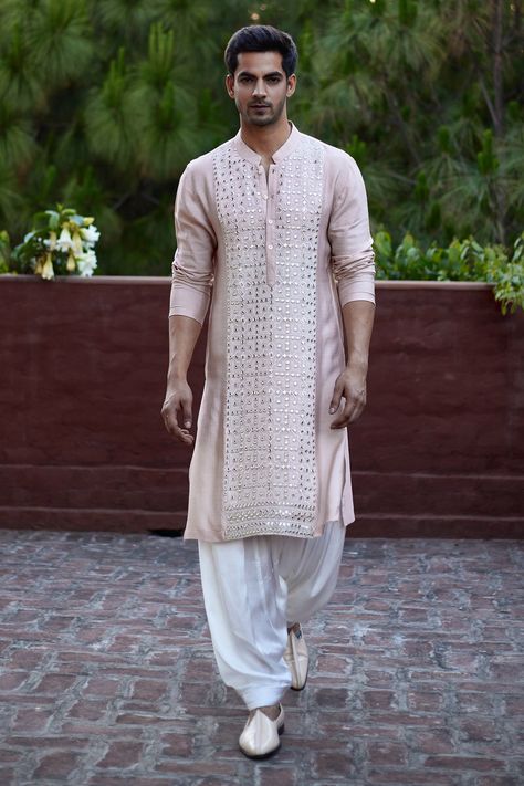 Shop for these amazing collections of Peach Cotton Embroidery Mirror Sajid Kurta Set For Men by Ankit V Kapoor online at Aza Fashions. Ivory Kurta For Men, Peach Kurta For Men, Men Kurta Designs Style, Kurta Designs Men's, Pathani For Men, Indian Wedding Clothes For Men, Wedding Kurta For Men, Salwar Pants, Sangeet Outfit