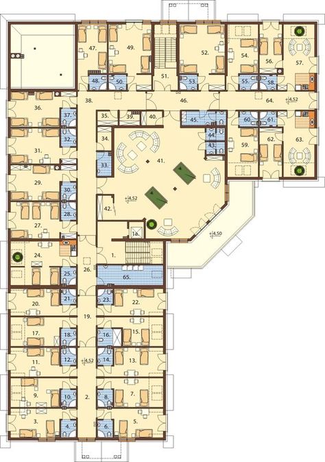 Hotel Room Blueprint, Modern Hotel Architecture Exterior, Hotel Room Design Plan Architecture, Dormitory Building Design, Building Layout Design, Orphanage Floor Plan, Motel Plan Architecture, Office Plan Ideas, Hotel Facade Design Modern