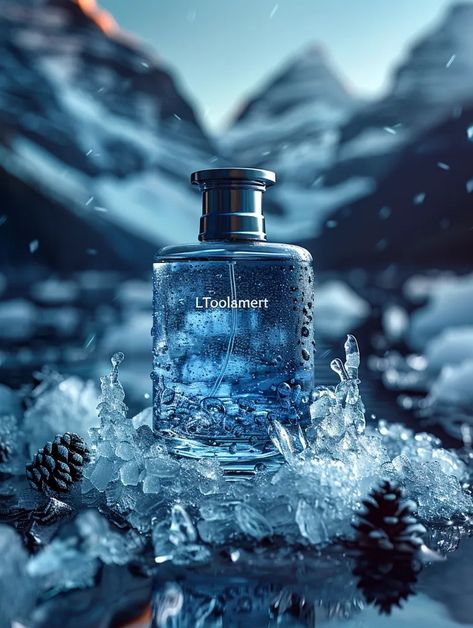 The image is a cologne bottle. It is blue and silver ->> more details in ai-img-gen.com Unique Product Photography, Perfumes Aesthetic, Amazon Aesthetic, Winter Perfume, Monochromatic Photography, Nature Elements, الفن الرقمي, Cologne Bottle, Ice Art