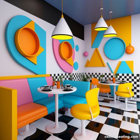 30 Creative Restaurant Interior Design Ideas Memphis Interior Design Restaurant, Cafe Interior Colorful, Fun Restaurant Design, Fast Food Restaurant Design Interiors, Colourful Restaurant, Restaurant Interior Design Ideas, Future Restaurant, Colorful Cafe, Colorful Restaurant