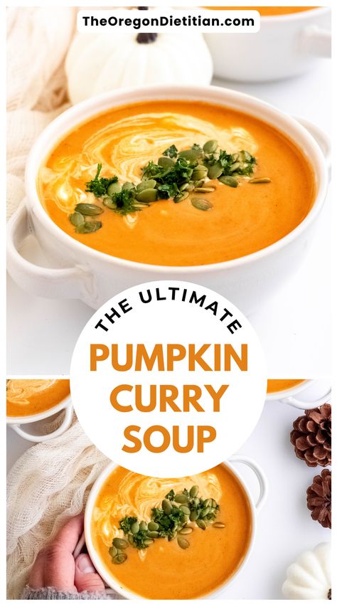 Are you looking for a warming winter soup recipe? Try my Pumpkin Curry Soup, it's quick and easy, indulgently creamy, and naturally vegetarian. You can’t beat my Thai-inspired Pumpkin Curry Soup made with coconut milk and warming curry flavors. With zero chopping, this easy soup recipe is ready in just 30 minutes making my curry pumpkin soup a lifesaver for busy weeknights. #easymeals #wintersouprecipes Chicken Pumpkin Curry Soup, Thai Curry Pumpkin Soup, Pumpkin Soup Using Canned Pumpkin, Pumpkin Ginger Soup Recipe, Soup Made With Coconut Milk, Vegan Pumpkin Curry Soup, Curry Pumpkin Soup Recipe, Pumpkin Coconut Curry Soup, Pumpkin Curry Soup Recipe