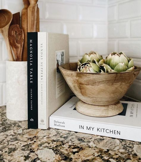 25 Kitchen Counter Decor Ideas That Will Elevate Your Space — Neutrally Nicole Aesthetic Kitchen Island Decor, Bowl For Fruit On Counter, Kitchen Decor Cookbooks, Kitchen Lazy Susan Ideas Counter, Kitchen Flower Arrangements Countertops, Counter Top Decoration Ideas, Tray On Kitchen Island, Kitchen Counter Top Styling, Vignettes Styling Display Ideas Kitchen