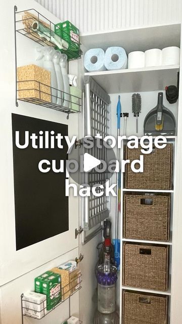 B&Q on Instagram: "ad I’ve always wanted a separate utility room, but that won’t be happening for the foreseeable future, so it was time to get creative!  With @bandq_uk ’s help, I transformed this cupboard (of doom) into an organised and practical mini-utility room with a place for everything. And because I know you love a good DIY hack, here are my faves from this project…  • Back-of-the-door storage compartments save space and double up as useful dispensers for rolls of bags. • Chalkboard paint and a Harris paintbrush created a handy, hidden noticeboard for family ‘to-do’s and reminders.  • I tied the chalk to the metal storage so it can’t get lost. • I wall-mounted the cleaning items so they don’t fall over (& out of the cupboard onto my foot like usual!) • A wall-mounted hook made t Utility Storage Cabinet Kitchen, Utility Cupboard Ideas, Small Utility Storage, Utility Storage Ideas, Vacuum Cleaner Storage, Utility Room Storage, Airing Cupboard, Utility Closet, Utility Cupboard