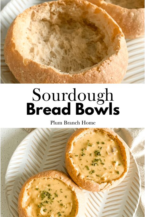 Sourdough bread bowls are the best way to serve soup, especially during the fall and winter seasons. There's no cozier way to enjoy a meal! They're the perfect soup bowl size! Sourdough Bread Bowls Recipe, Sourdough Thanksgiving Recipes, Sourdough Bread Bowl Recipe, Sourdough Bread Bowls, Bread Bowl Soup, Easy Sourdough Bread Recipe, Bread Bowl Recipe, Bread Winners, Dough Starter