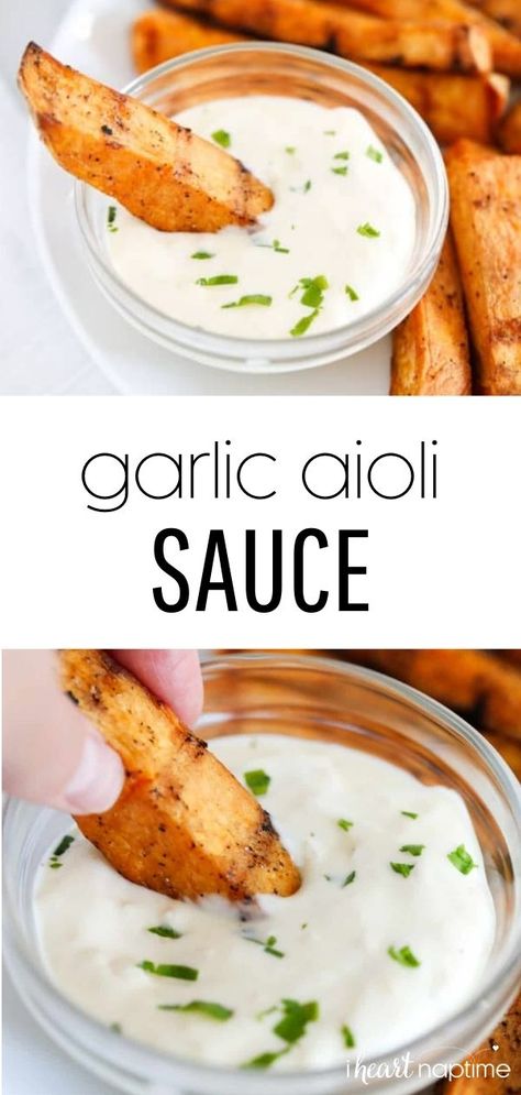 Garlic Aioli Salad Dressing, Garlic Olio Sauce, Potatoe Dip Sauce, Rosemary Garlic Aoli, Garlic Aoli Recipe For Burger, Dipping Sauces For Potatoes, Ranch Aioli Recipe, Healthy Garlic Aioli, Garlic Pesto Aioli