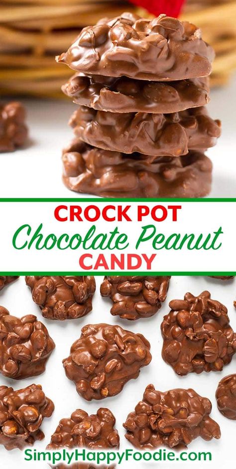 Crock Pot Chocolate Peanut Clusters candy is a sweet and lightly salty delight! This easy slow cooker candy recipe combines different types of chocolate to make the best tasting chocolate peanut clusters! These slow cooker chocolate peanut clusters are the easiest crock pot candy recipe ever! Tasty Christmas candy by simplyhappyfoodie.com #chocolatepeanutclusters #crockpotcandy Crock Pot Chocolate Peanut Clusters, Slow Cooker Candy Recipes, Chocolate Peanut Candy, Crock Pot Candy, Peanut Clusters In Crockpot, Crockpot Candy Recipes, Slow Cooker Candy, Chocolate Peanut Clusters, Chocolate Clusters