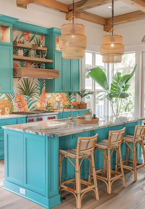 Bamboo Kitchen Island, Caribbean House Interior, Beach Furniture Design, Colorful Beach House Decor Bohemian, Tropical Bohemian Decor, Colorful Tropical Decor, Vibrant Kitchen Ideas, Caribbean Decor Tropical Style, Bright Beach House