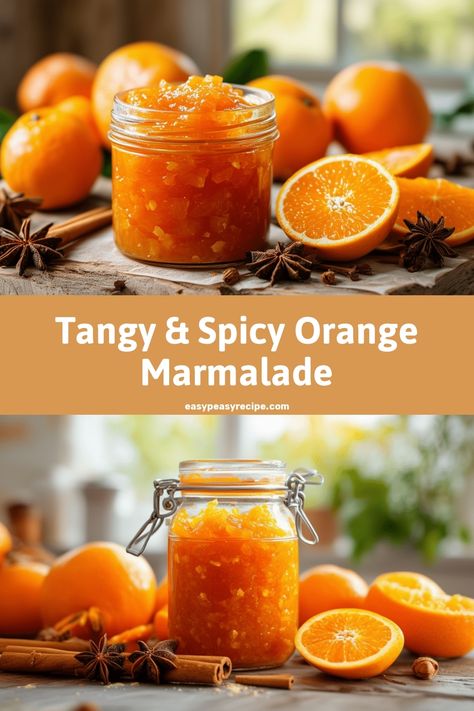 A jar of homemade orange marmalade surrounded by fresh oranges, star anise, and cinnamon sticks, highlighting a spicy and sweet flavor profile. Spicy Dessert Recipes, Easy Marmalade Recipe, Orange Syrup Recipe, Marmelade Recipe, Homemade Orange Marmalade Recipe, Marmalade Recipe Easy, Orange Jam Recipes, Spicy Desserts, Making Marmalade