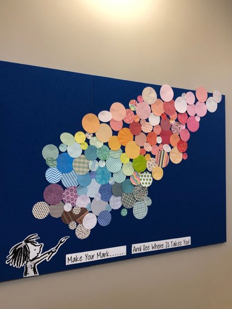 Masterpiece Bulletin Board Ideas, Large School Bulletin Board Ideas, The Dot Book Bulletin Board, Meet Teacher Bulletin Boards, Art Bulletin Board Ideas Display, The Dot Display, Make Your Mark Bulletin Board, Dot Bulletin Board Ideas, Bulletin Board Preschool Ideas