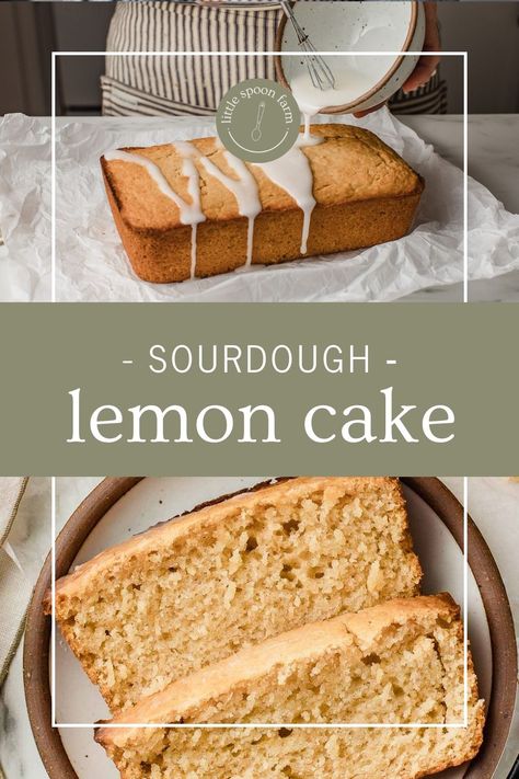 This quick and easy recipe for sourdough lemon cake is a wonderful way to use sourdough discard. It's moist, flavorful, and topped with a deliciously sweet lemon glaze! Lemon Sourdough Cake, Lemon Sourdough Discard Recipes, Sourdough Lemon Pound Cake, Sourdough Discard Lemon Cake, Sourdough Lemon Recipes, Sourdough Cakes Recipes, Sourdough Discard Lemon Loaf, Sourdough Lemon Loaf, Lemon Sourdough Bread