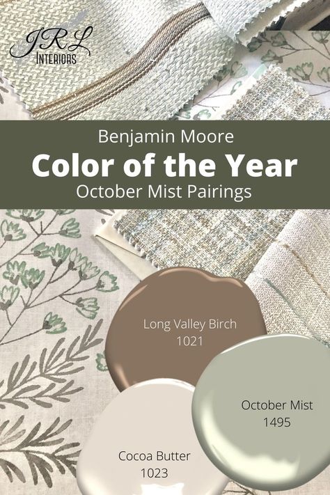 Paint Pairings for Benjamin Moore Color of the Year 2022: October Mist Paint Pairings, October Mist, Color Of The Year 2022, Deco Champetre, Farmhouse Paint Colors, House Color Palettes, Farmhouse Paint, Paint Color Schemes, Benjamin Moore Colors