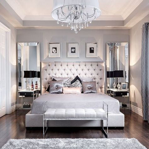 A bedroom acts as your personal sanctuary. Therefore, when it comes to design, you should give it all the elegance it needs. With a few tips and hacks, you can... Glam Modern Bedroom, Modern Bedroom Sets, Glam Bedroom Ideas, Silver Bedroom, Glamourous Bedroom, Beautiful Bedroom Decor, Glam Bedroom, Black And White Decor, Bedroom Designs