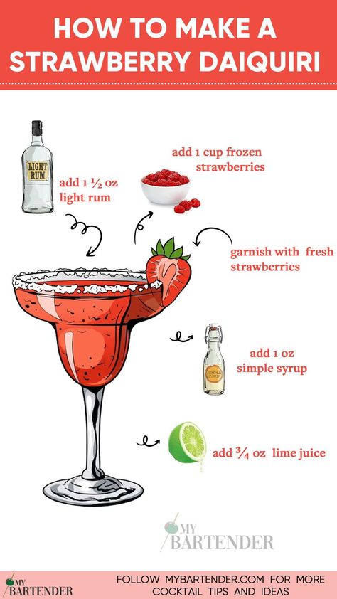 Indulge in the sweet symphony of summer with our Strawberry Daiquiri recipe! 🍓🍹 Crafted with ripe strawberries, white rum, and a splash of zesty lime juice, this refreshing cocktail is the epitome of tropical bliss. Elevate your mixology skills and savor the taste of sunshine in every sip. Cheers to the simple joys of homemade cocktails! 🌞🍓 #StrawberryDaiquiri Strawberry Daiquiri Cocktail, Strawberry Daiquiri Recipe, Bartender Drinks Recipes, Strawberry Cocktails, Daiquiri Recipe, Daiquiri Cocktail, Fun Drink Recipe, Bartender Drinks, Strawberry Drinks