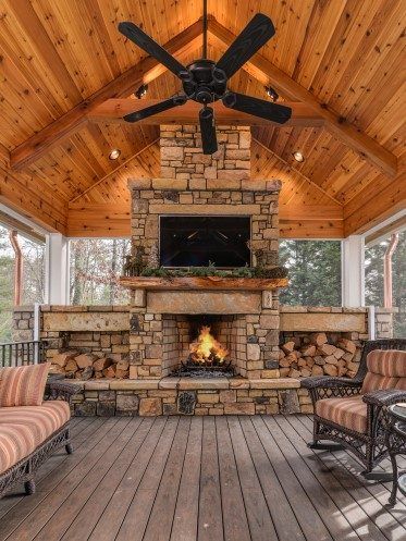 Outdoor Fireplace Log Storage, Backyard Patio Fireplace Ideas, Outdoor Fireplace On Wood Deck, Rustic Patio Decorating Ideas Country Living, Pavilion Fireplace Ideas, Diy Outside Fireplace How To Build, Covered Patio Fireplace Ideas, Large Outdoor Fireplace, Decks With Fireplaces