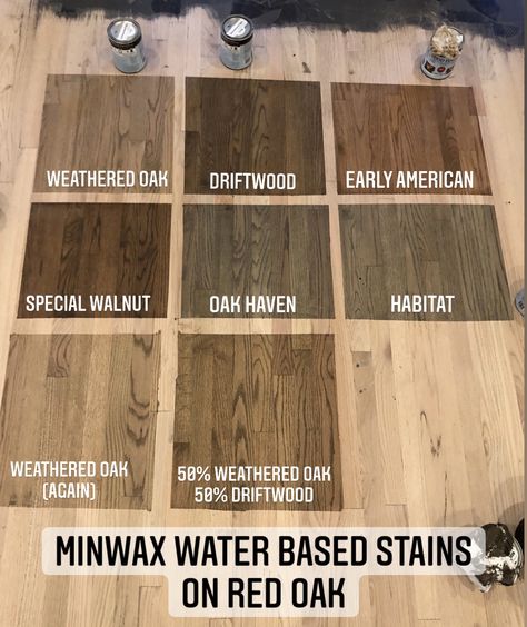 Minwax stains on red oak Oak Hardwood Floors Colors Wood Stain, Best Floor Stain Colors, Medium Stain Wood Floors, Original Wood Floors Refinish, Real Oak Wood Floors, Stained Floors Wood, Minwax Water Based Stain Colors, Hardwood Floors Stain Colors, Hard Wood Floor Refinishing Stain Colors