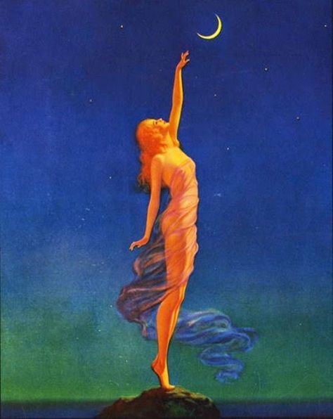 Impressioni Artistiche : ~ Maxfield Parrish ~ American artist, 1870-1966 Reaching For The Moon, Illustration Kunst, 얼굴 그리기, Soyut Sanat Tabloları, Arte Inspo, Ethereal Art, Art And Illustration, Moon Art, Spiritual Art