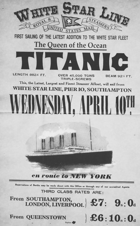 *🇬🇧 Poster advertising the first crossing of the Titanic on April 10, 1912 from Southampton, England to New York 🎞 Titanic Scrapbook, Titanic Movie Poster, Titanic Poster, Southampton England, Leonardo Dicapro, Titanic History, ポップアート ポスター, Titanic Ship, Poster Advertising