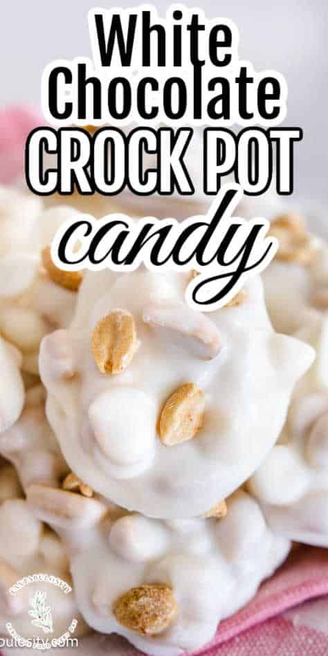 YUM!!! This only takes a few ingredients and it's so easy made in the slow cooker! It uses peanuts, almond bark, and white chocolate chips! Peppermint Crockpot Candy, White Chocolate Peanut Clusters Crock Pot Candy, White Chocolate Marshmallow Candy, White Chocolate Almond Bark, Christmas White Chocolate, White Chocolate Bark Recipes, Crock Pot Candy, Almond Bark Recipes, Slow Cooker Candy