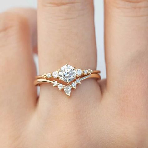 Triple Band Wedding Ring Set, Wedding Band And Engagement Ring Set Simple, Wedding Rings Engagement Stack, Engagement Ring Wedding Band Combo, Stacked Gold Wedding Rings, Vintage Engagement Ring Stack, Stacking Engagement And Wedding Rings, Wedding Band Engagement Ring Combo, Stacked Rings Wedding