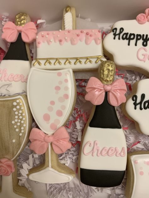 Champagne And Sweets Party, Champagne Cookies Royal Icing, Mimosa Cookies Decorated, Champagne Flute Cookies, Champagne Bottle Cookies Decorated, Champagne Bottle Sugar Cookies, 21 Birthday Cookies Decorated, Champagne Sugar Cookies, Champagne Bottle Cookies