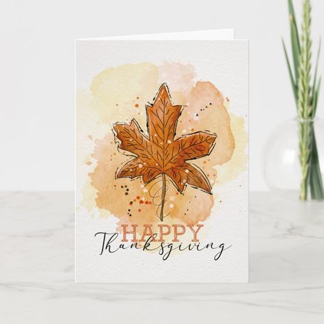 Happy Thanksgiving card with sketchy doodle watercolor maple leaf with messy lines and watercolor splashes. Background has a (faux) watercolor texture. Maple Leaf Line Art, Diy Thanksgiving Cards, Thanksgiving Watercolor, Happy Thanksgiving Cards, Thanksgiving Cards Handmade, Elegant Thanksgiving, Fall Art Projects, Thanksgiving Greeting Cards, Thanksgiving Card