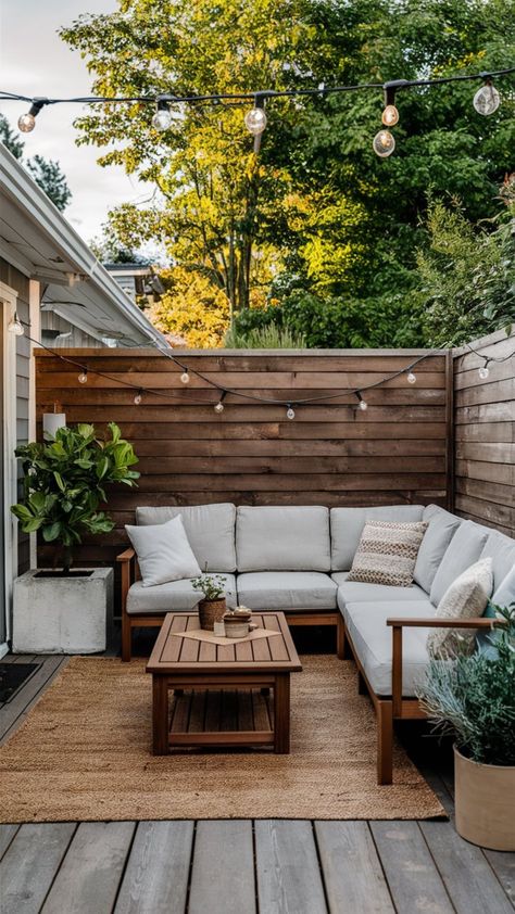 This small patio nook is super cozy and features an outdoor L shaped patio sectional, jute area rug, wooden coffee table, bistro lights along the fence and green plants in neutral planters. Small Patio Off Deck, Awkward Patio Spaces, California Outdoor Patio, Boho Modern Backyard, Cozy Modern Patio, Scandinavian Patio Ideas, Aesthetic Small Backyard, Outdoor Patio Small Space, Small Patio Area Ideas