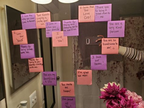 Sticky Note Mirror, Valentine Sticky Note Ideas, Bathroom Mirror Sticky Notes, Sticky Notes Valentines Day Ideas, Sticky Notes To Leave Your Boyfriend, Love Sticky Notes For Him, Sticky Note Heart, Sticky Notes For Boyfriend, Sticky Notes Birthday Wishes